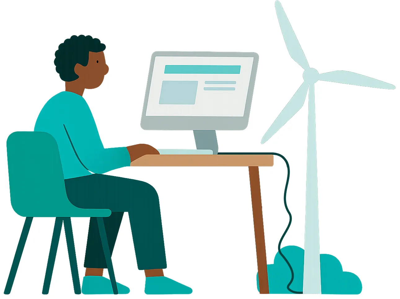 Illustration of a man sitting at a desk using a computer that's plugged into a wind turbine